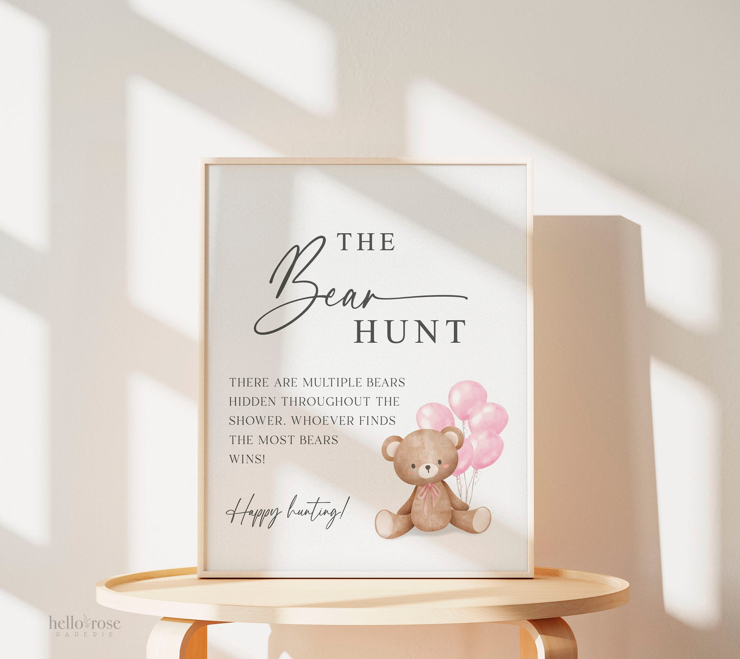 Baby Bear Hunt Baby Shower Game Sign, Teddy Bear with Pink Balloons, Girl Baby Shower, Baby Sprinkle, We Can Bearly Wait, Template Download