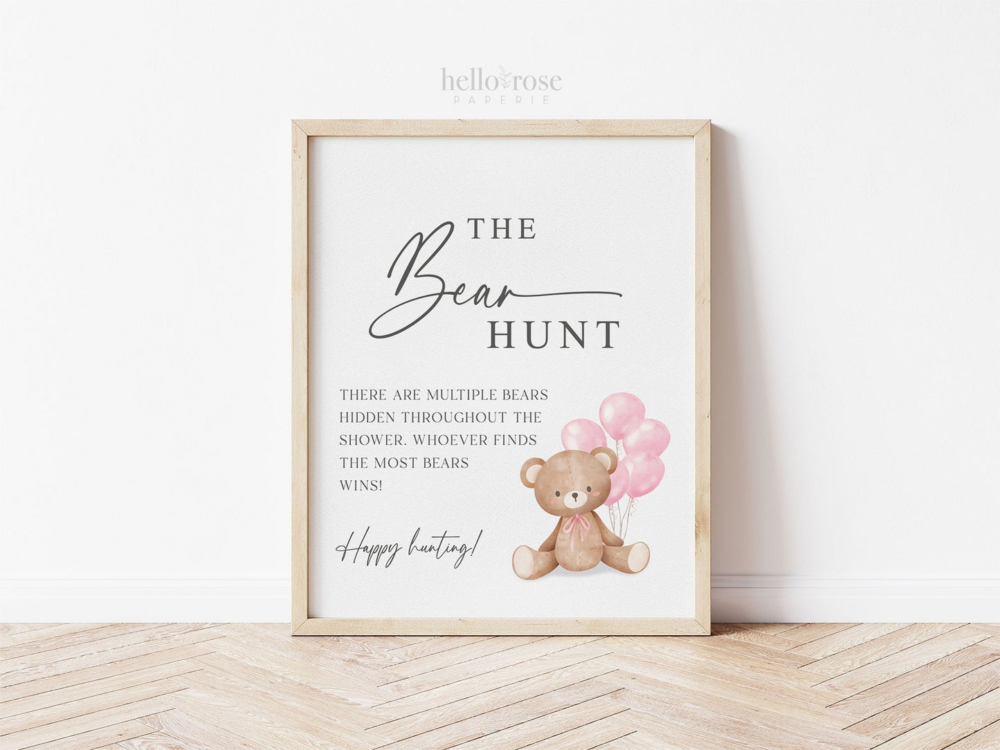 Baby Bear Hunt Baby Shower Game Sign, Teddy Bear with Pink Balloons, Girl Baby Shower, Baby Sprinkle, We Can Bearly Wait, Template Download
