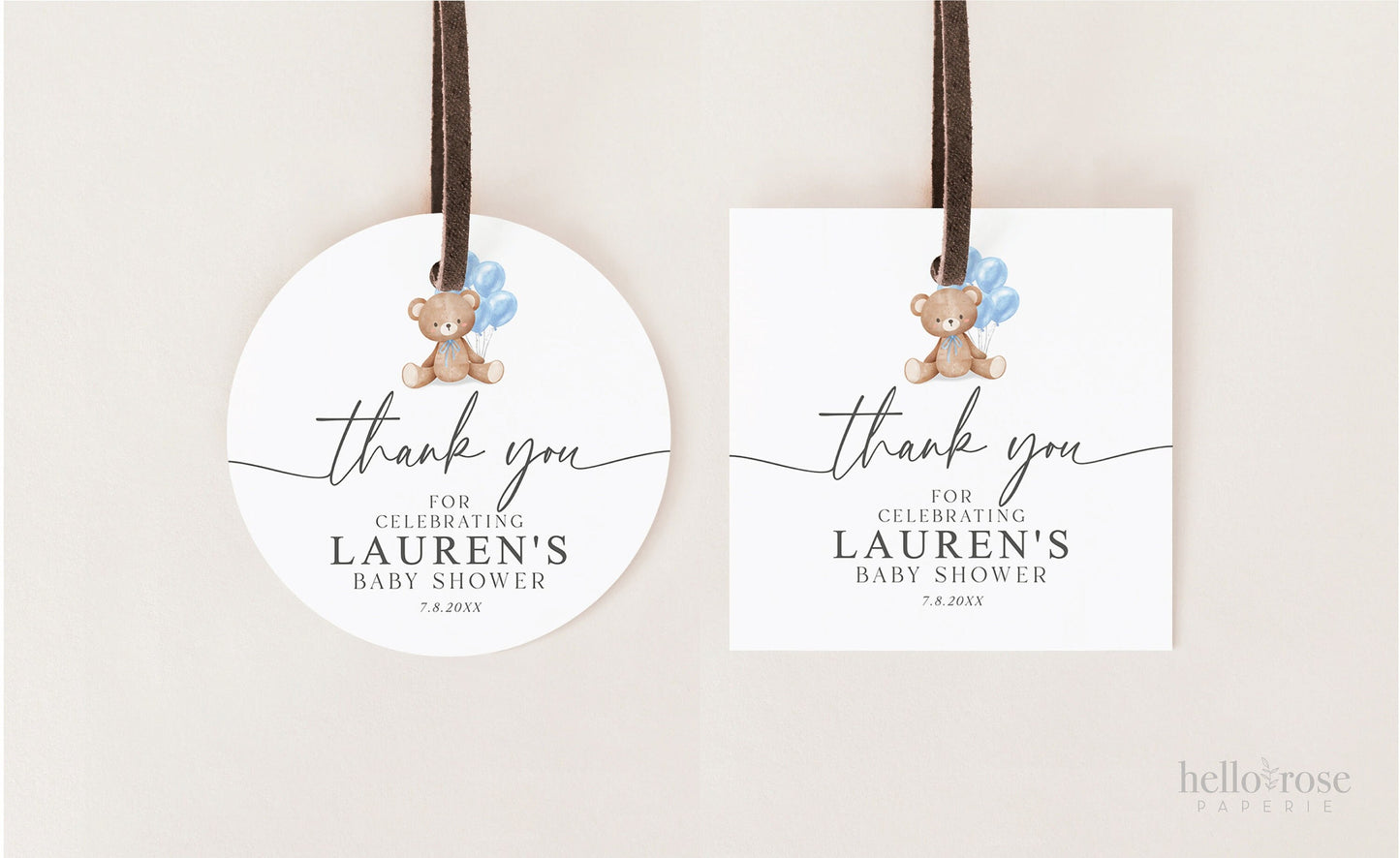 Bear Baby Shower Thank You Favor Tags Template . Boy Blue Balloons Tags Stickers Labels . Personalized Editable PRINTABLE Templett Download