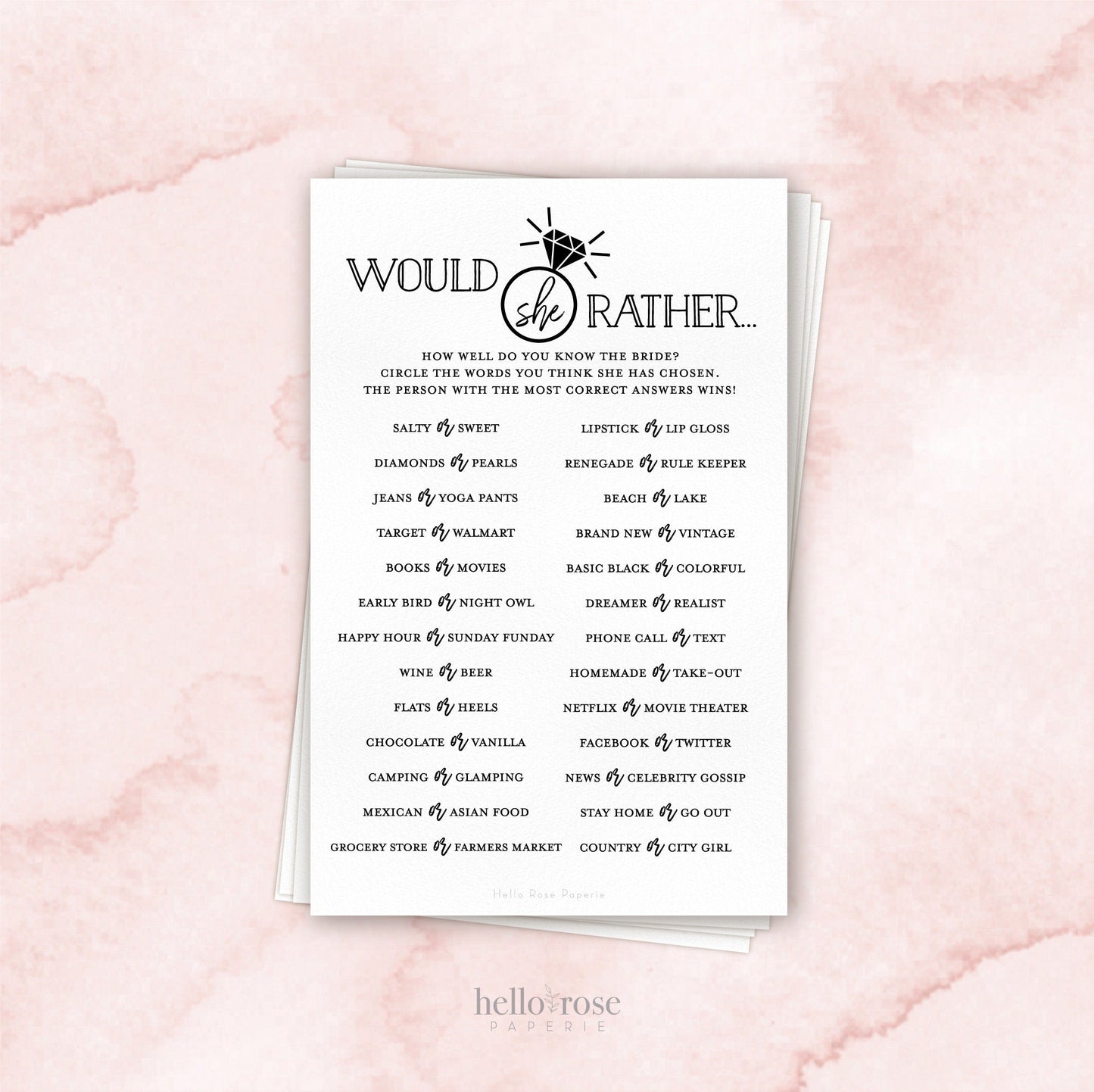 Would She Rather PRINTABLE Bridal Shower Game . Couples Shower Rehearsal Party . Kraft + Minimalist . Editable Template Download Templett