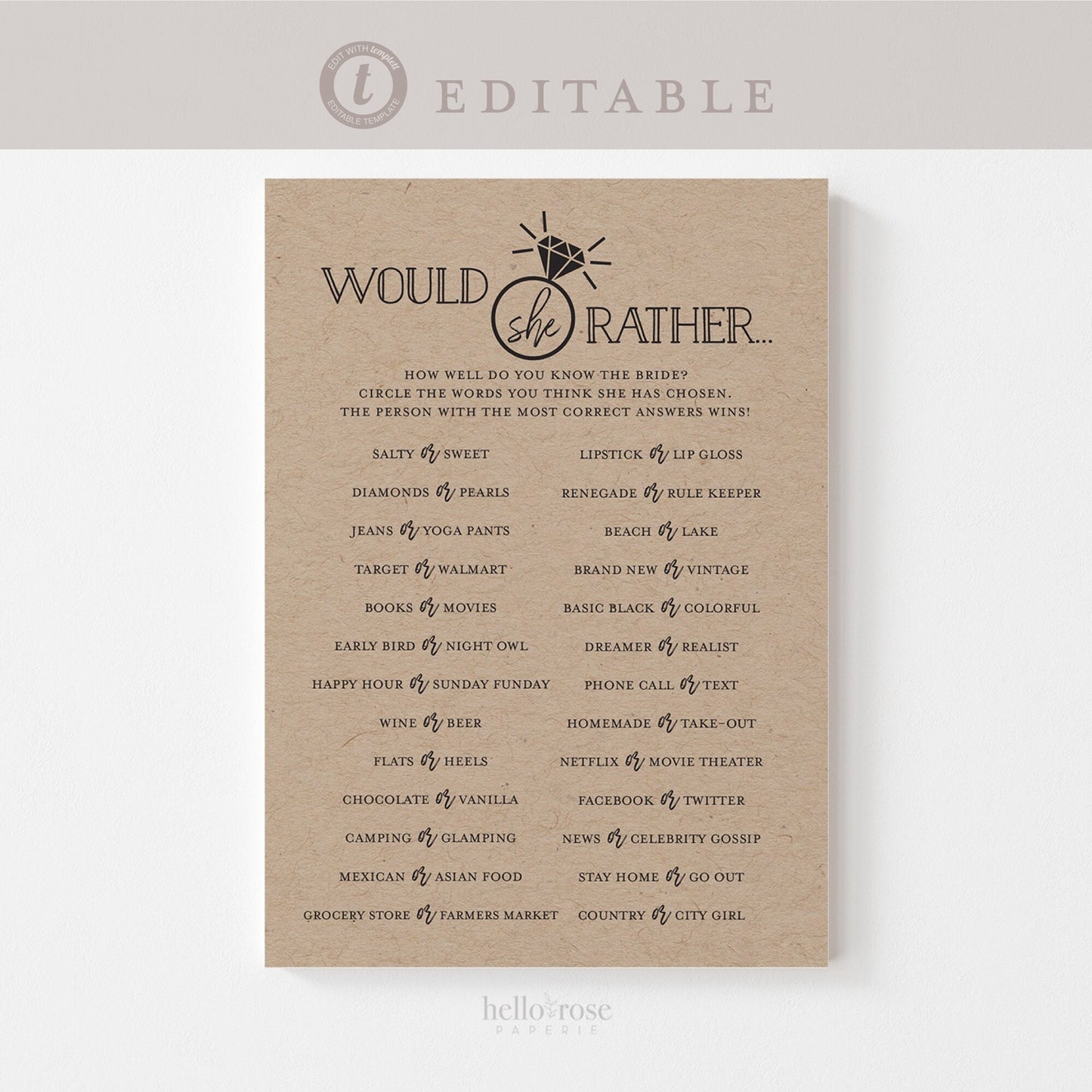 Would She Rather PRINTABLE Bridal Shower Game . Couples Shower Rehearsal Party . Kraft + Minimalist . Editable Template Download Templett