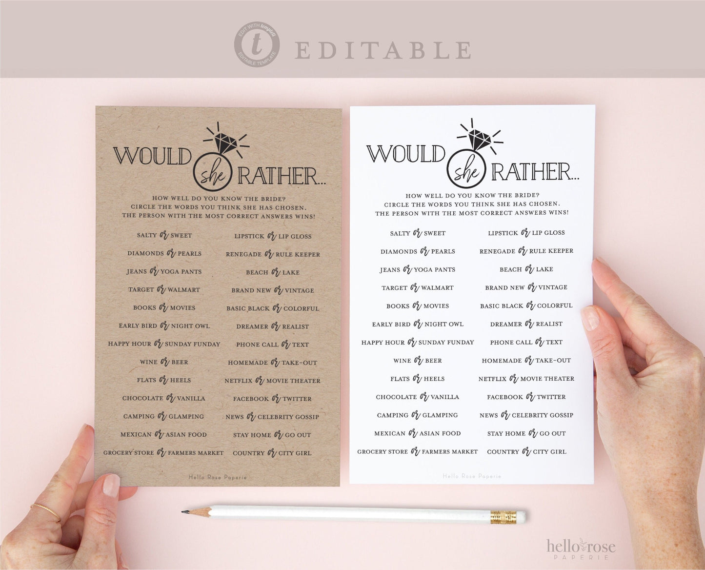 Would She Rather PRINTABLE Bridal Shower Game . Couples Shower Rehearsal Party . Kraft + Minimalist . Editable Template Download Templett