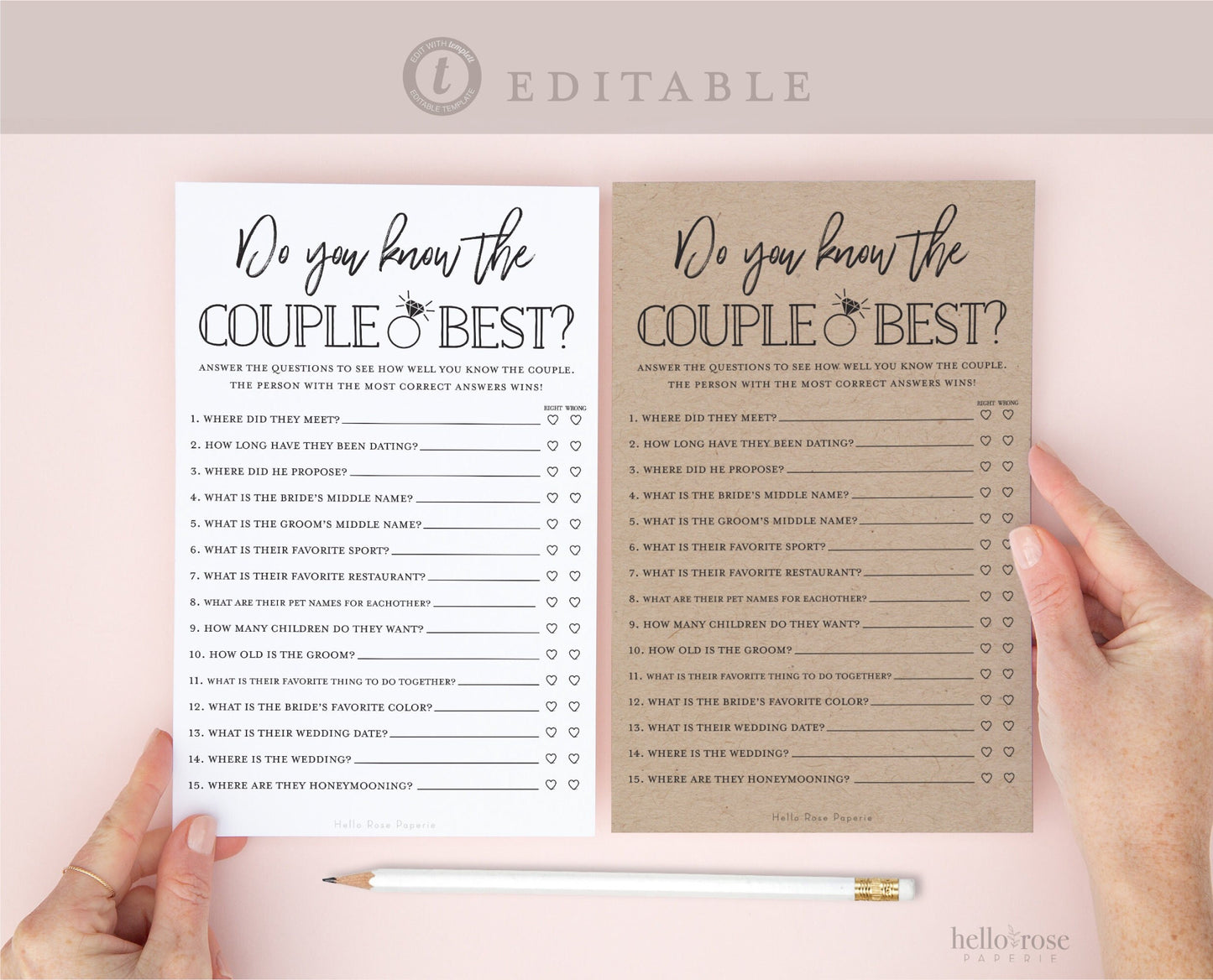 Do You Know the Couple Best PRINTABLE Bridal Shower Game . Couples Shower Game . Kraft + Minimalist . Editable Template Download Templett