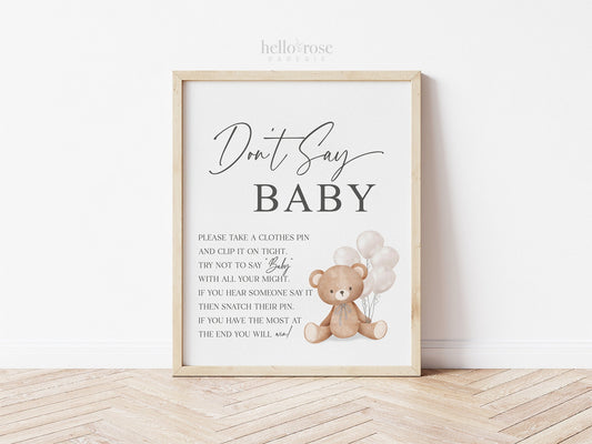 Dont Say Baby Baby Shower Game Sign, Teddy Bear with White Balloons, Girl Boy Baby Shower, Sprinkle, We Can Bearly Wait, Template Download