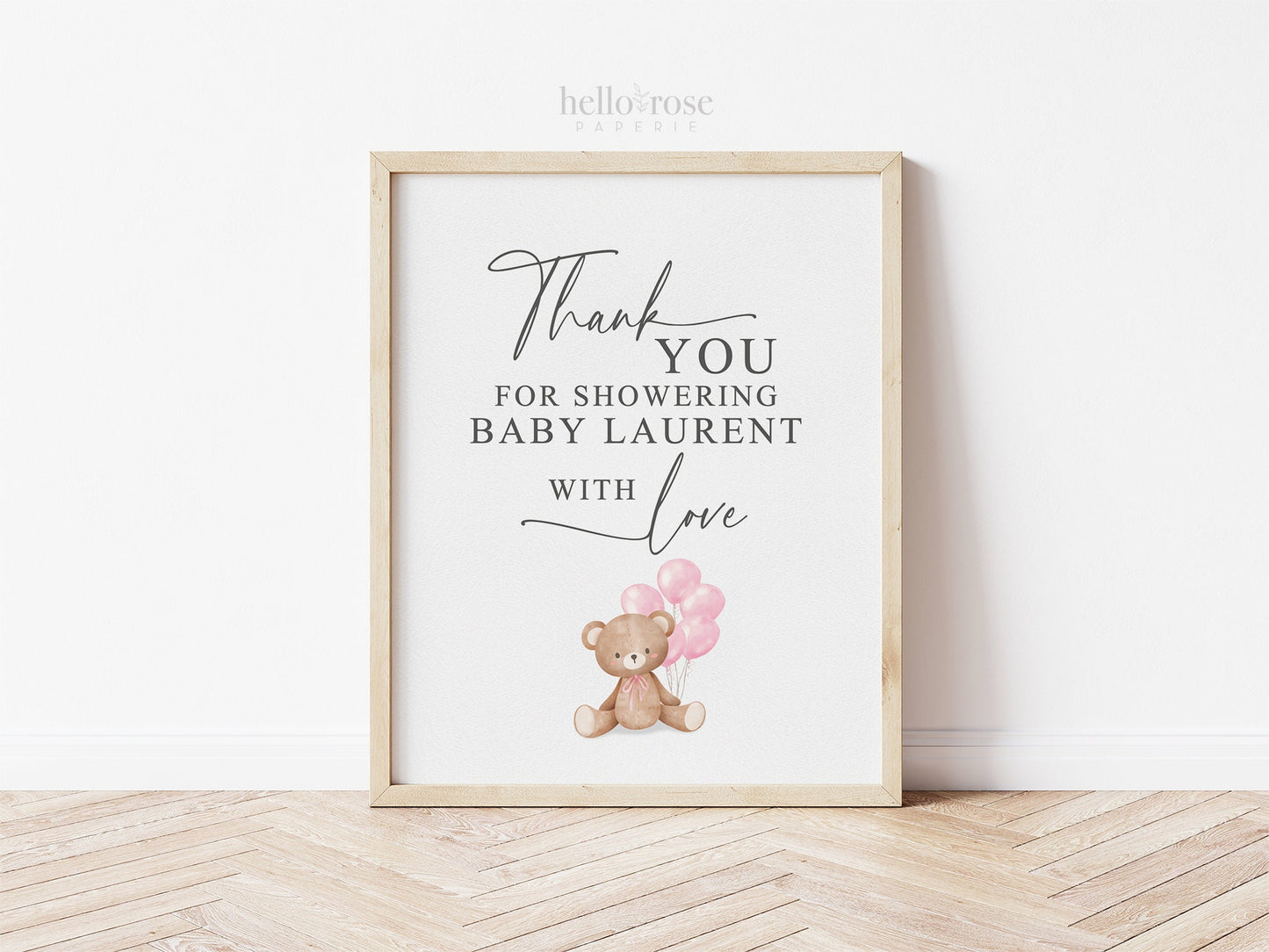Thank You for Showering Baby with Love Baby Shower Sign, Bear with Pink Balloons, Girl Baby Shower, Sprinkle, Template Download Templett