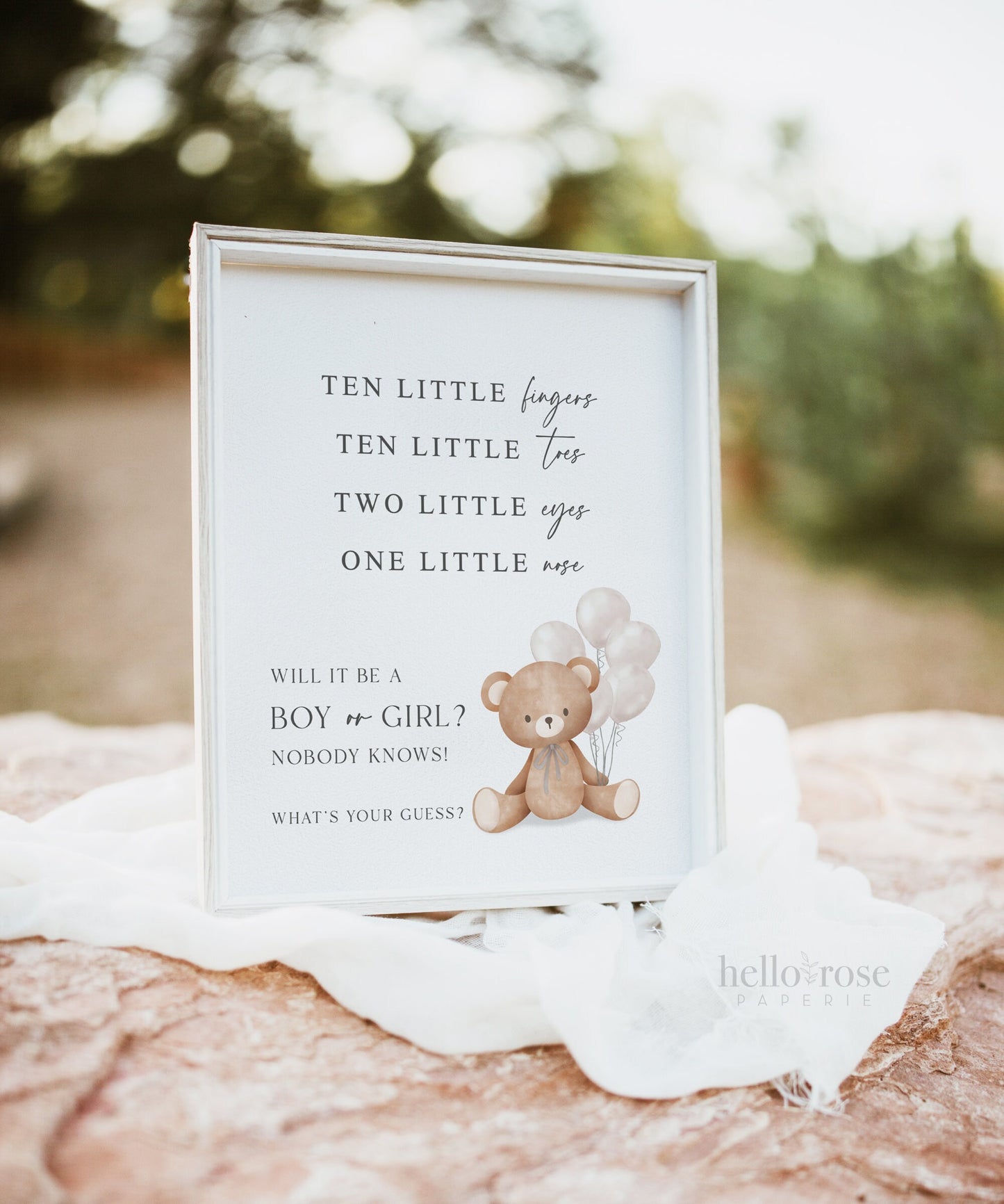Gender Reveal Ten Little Fingers Toes Sign, What Will Baby Be, Bear with White Balloons, Boy Girl Baby Shower, Template Download Templett
