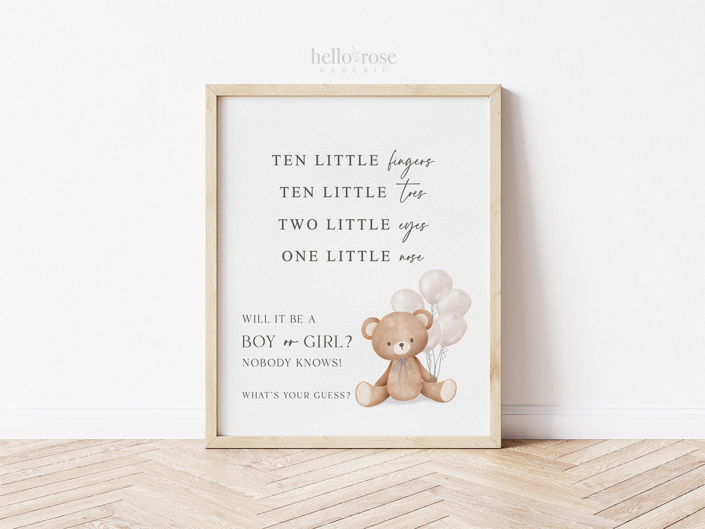 Gender Reveal Ten Little Fingers Toes Sign, What Will Baby Be, Bear with White Balloons, Boy Girl Baby Shower, Template Download Templett