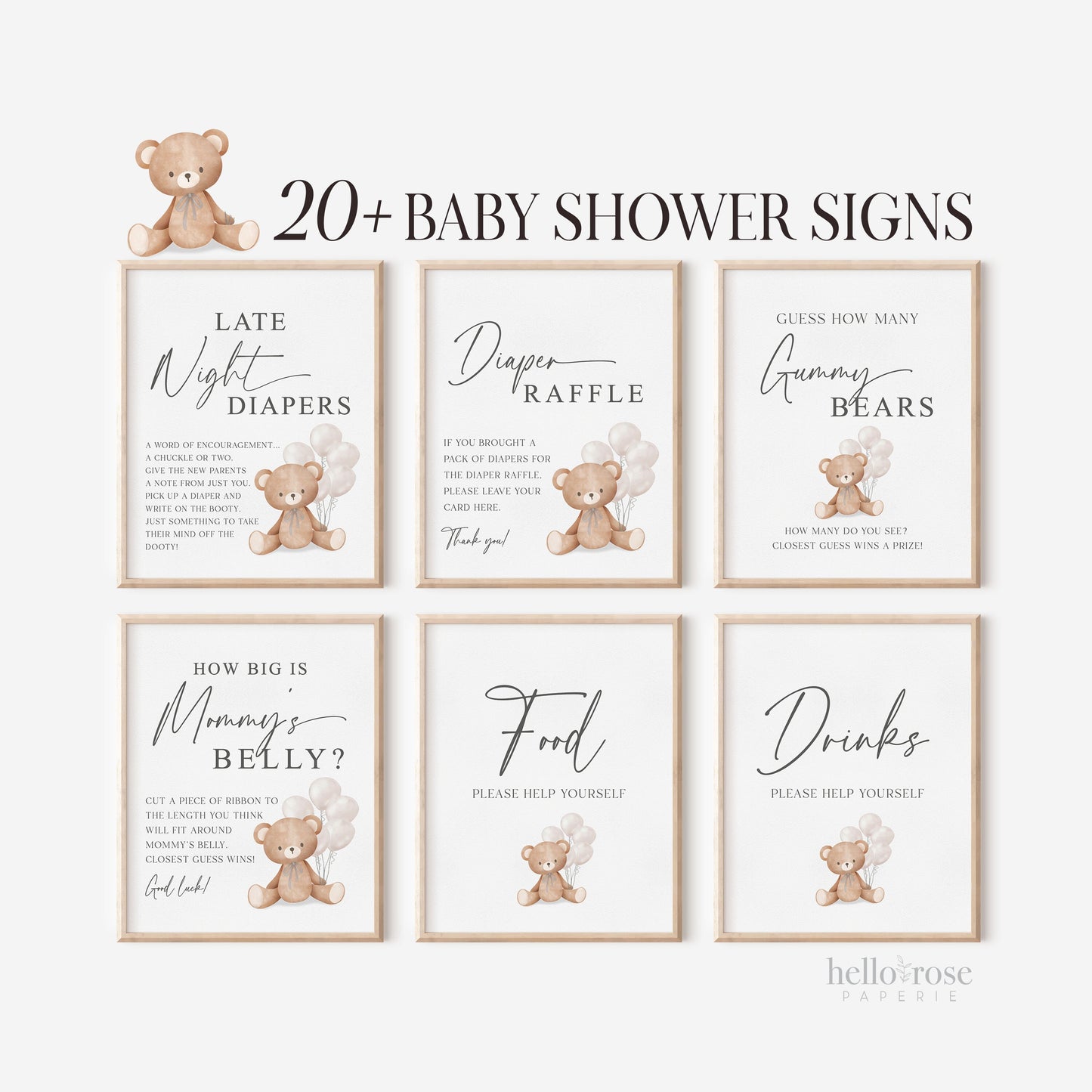 Bear Bundle of 20+ Baby Shower Signs . Teddy + White Beige Balloons, Boy Girl Neutral, Can Bearly Wait, Editable Template Download Templett