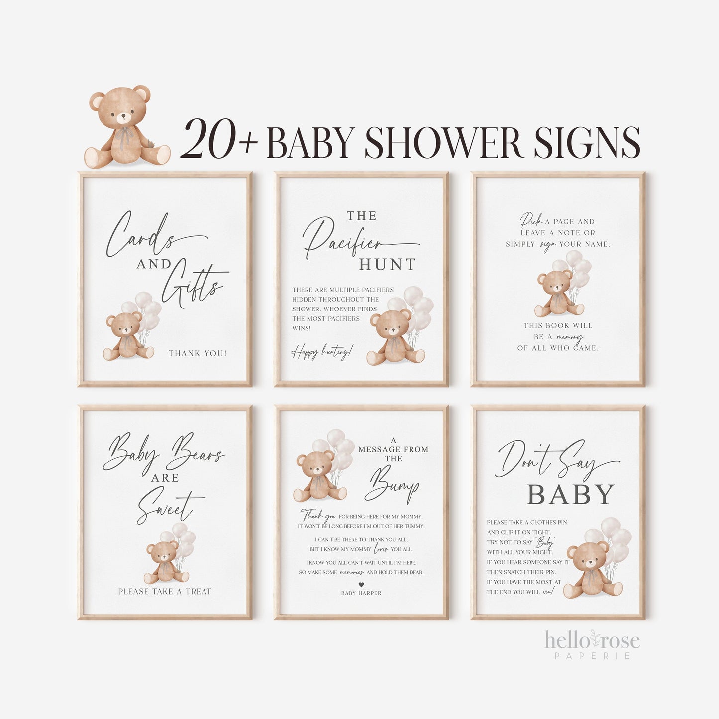 Bear Bundle of 20+ Baby Shower Signs . Teddy + White Beige Balloons, Boy Girl Neutral, Can Bearly Wait, Editable Template Download Templett