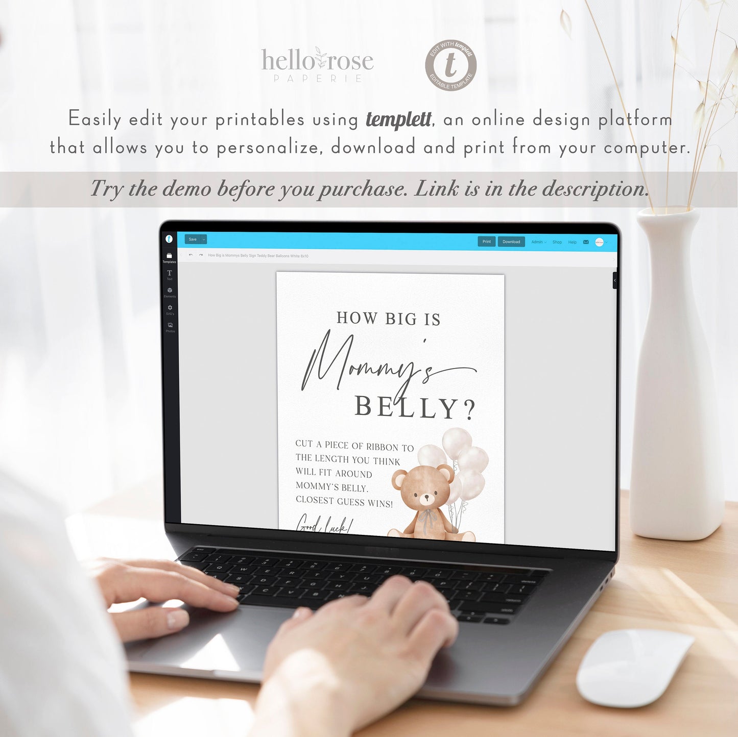 How Big is Mommys Belly Printable Sign + Cards, Teddy Bear with White Balloons, Boy Girl Baby, Can Bearly Wait, Template Download Templett