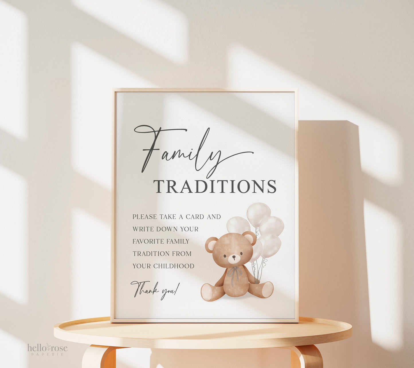 Family Traditions Baby Shower Printable Sign + Cards, Teddy Bear with White Balloons, Boy Girl, Can Bearly Wait, Template Download Templett