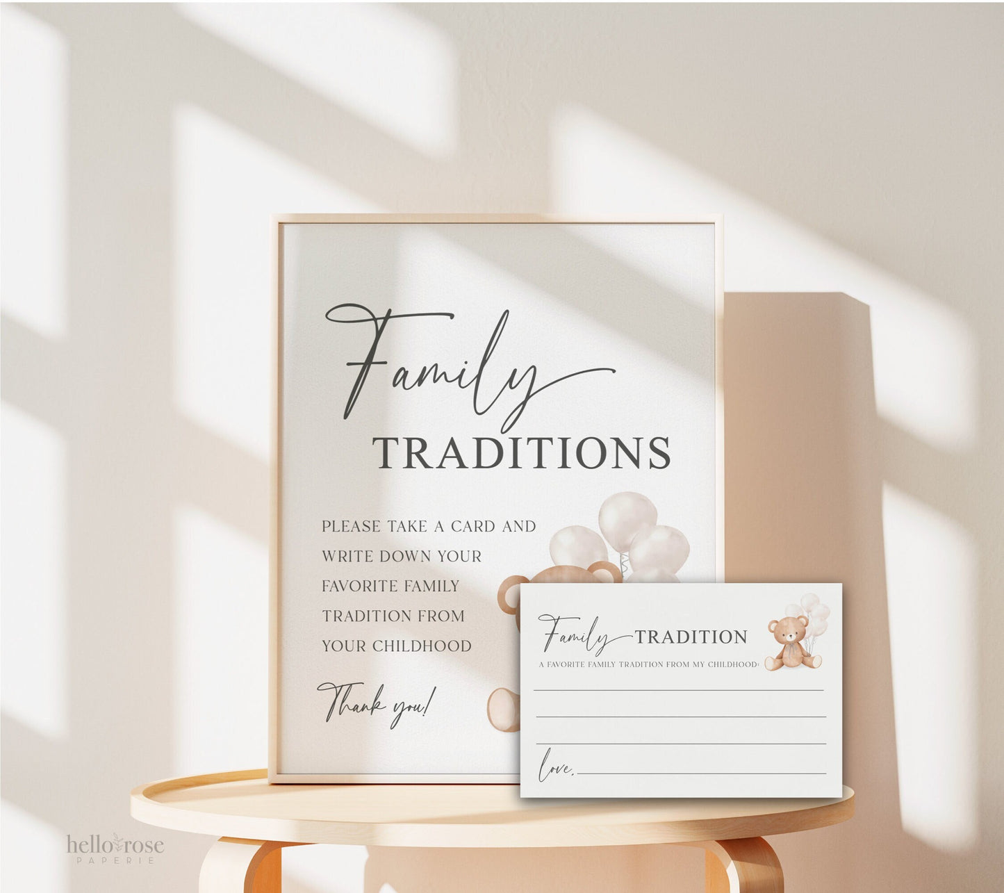 Family Traditions Baby Shower Printable Sign + Cards, Teddy Bear with White Balloons, Boy Girl, Can Bearly Wait, Template Download Templett