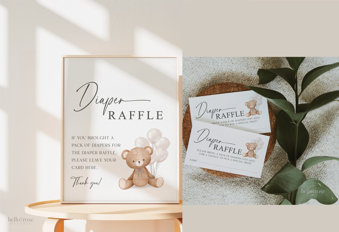 Diaper Raffle Baby Shower Game Sign + Cards, Teddy Bear Girl with White Balloons, Couples Shower, Baby Sprinkle, Template Download Templett