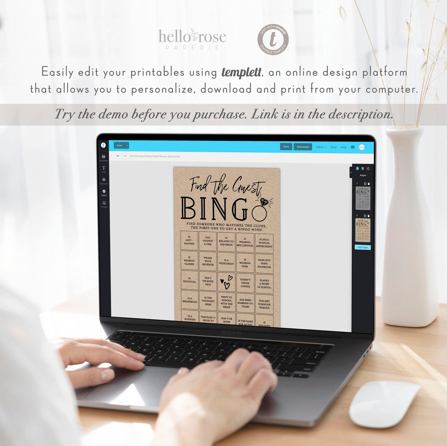 Find the Guest Bingo PRINTABLE Bridal Shower Game . Couples Shower . Kraft + Minimalist Wedding . Editable Template Download Templett
