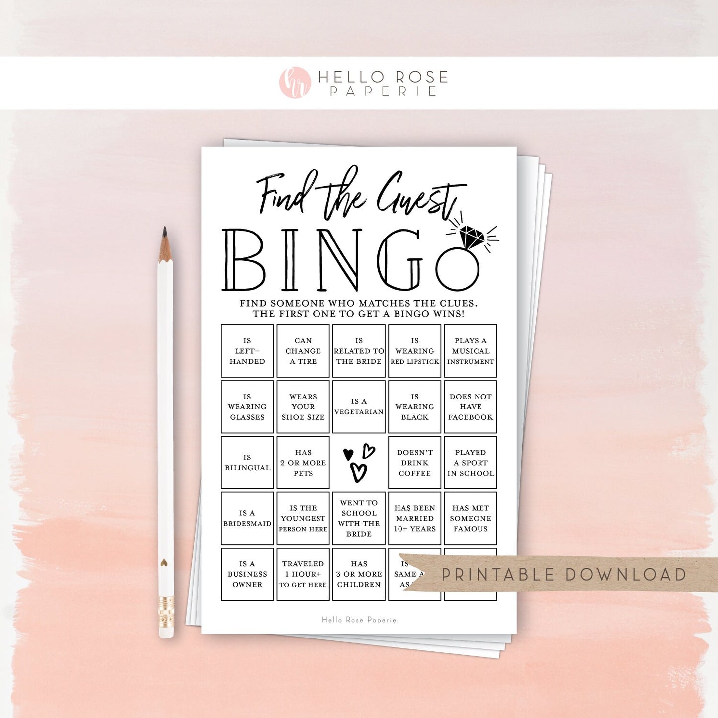 Find the Guest Bingo PRINTABLE Bridal Shower Game . Couples Shower . Kraft + Minimalist Wedding . Editable Template Download Templett