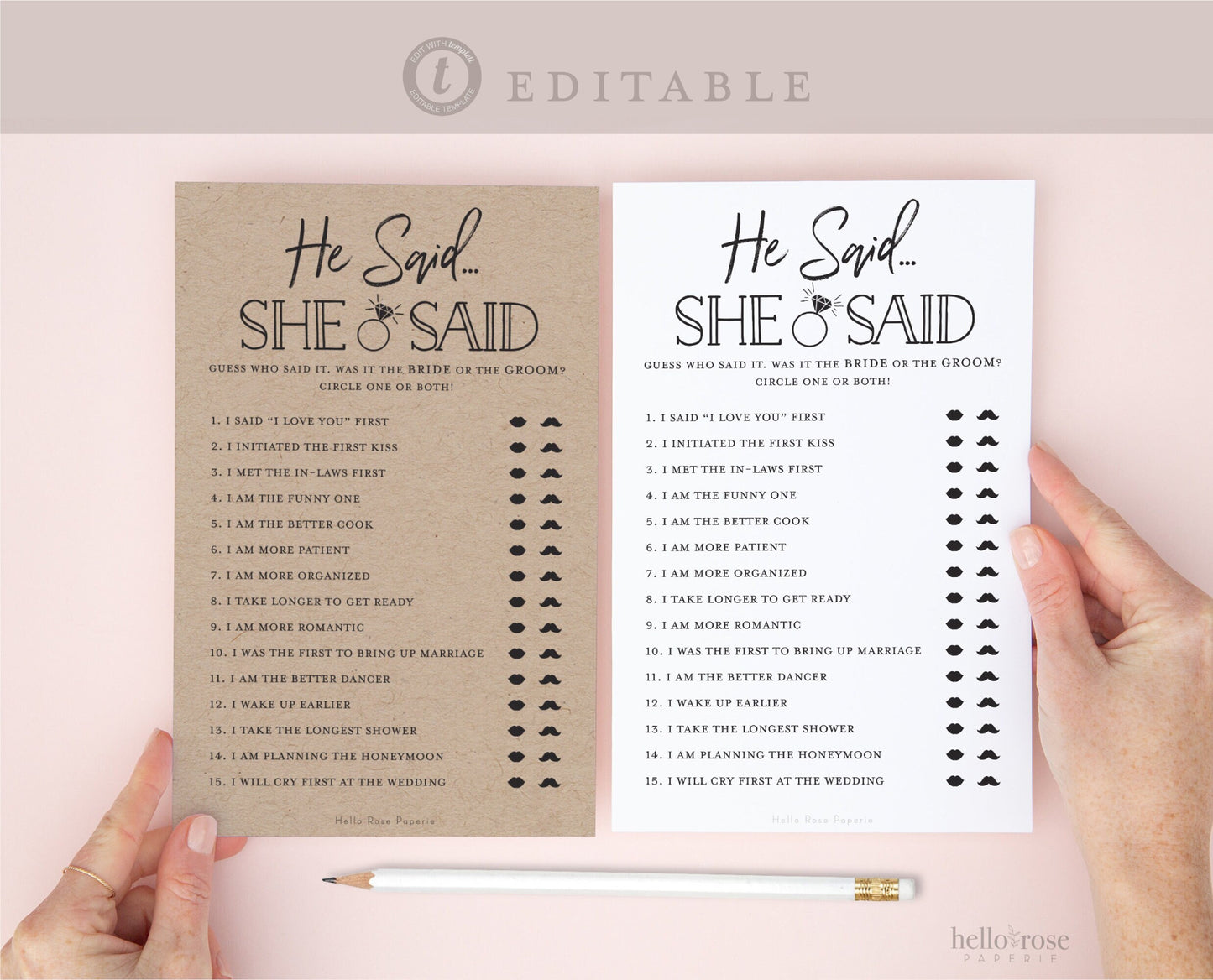 He Said She Said PRINTABLE Bridal Shower Game . Couples Shower Bachelorette Party . Kraft + Minimalist . Editable Template Download Templett