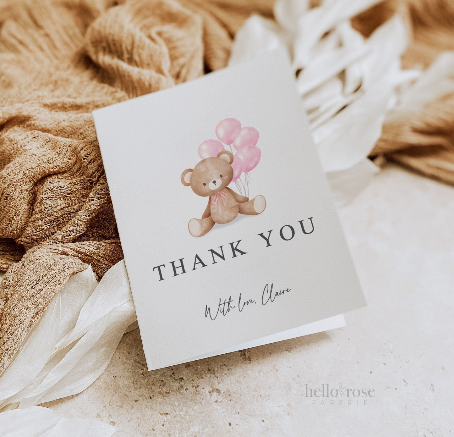 Thank You Card Teddy Bear with Pink Bow and Balloons Editable Template . Baby Shower Card . PRINTABLE Templett Instant Digital Download