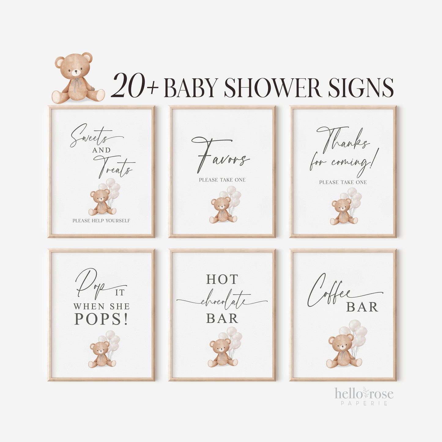 Bear Bundle of 20+ Baby Shower Signs . Teddy + White Beige Balloons, Boy Girl Neutral, Can Bearly Wait, Editable Template Download Templett