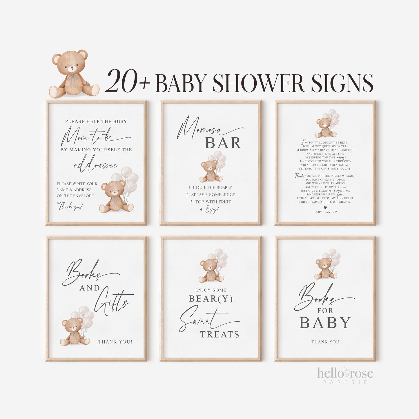 Bear Bundle of 20+ Baby Shower Signs . Teddy + White Beige Balloons, Boy Girl Neutral, Can Bearly Wait, Editable Template Download Templett