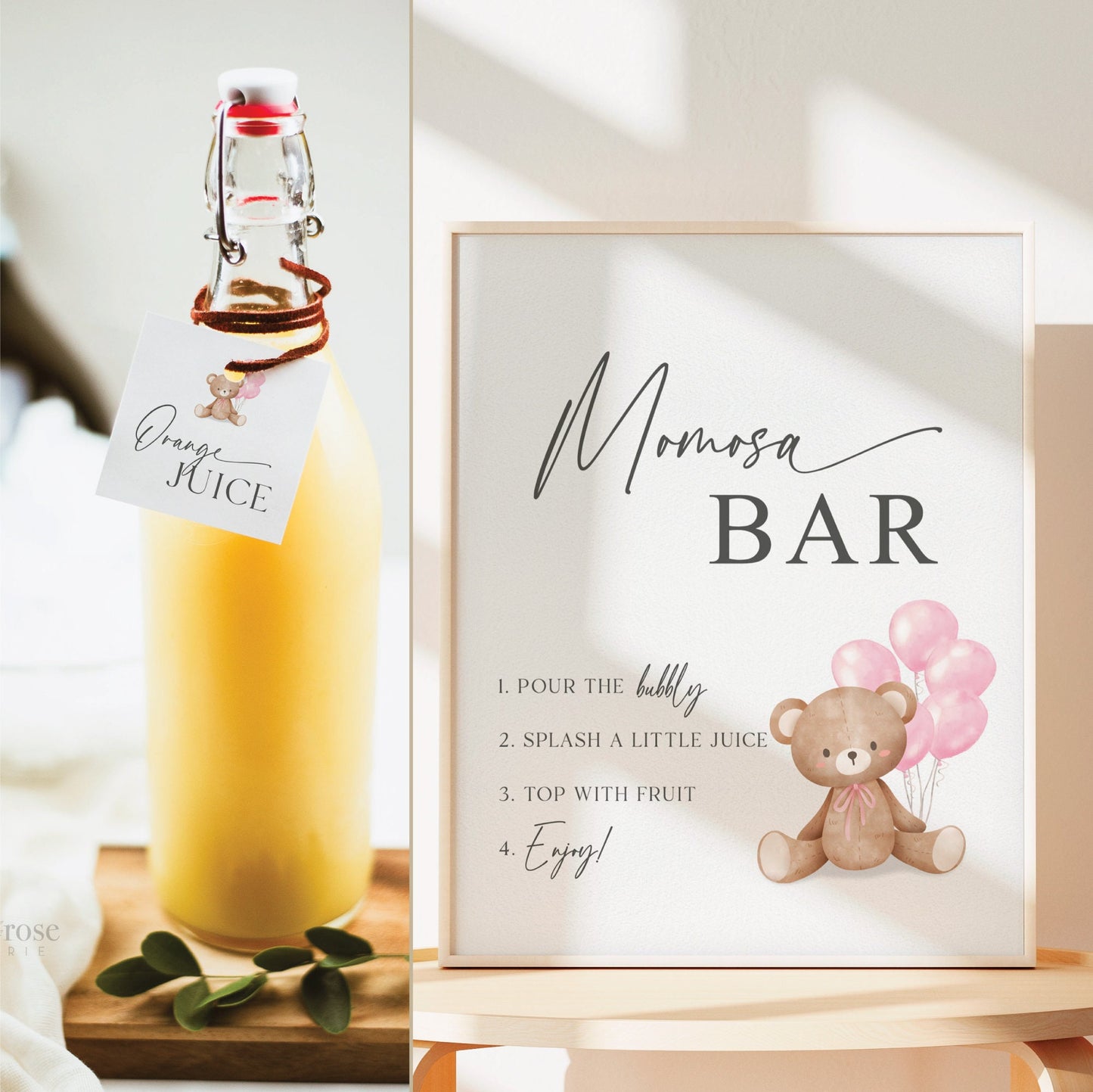 Momosa Bar Sign, Printable Baby Shower Mimosa Bar, Bear with Pink Balloons, Girl Baby Shower, Baby Sprinkle, Template Download Templett