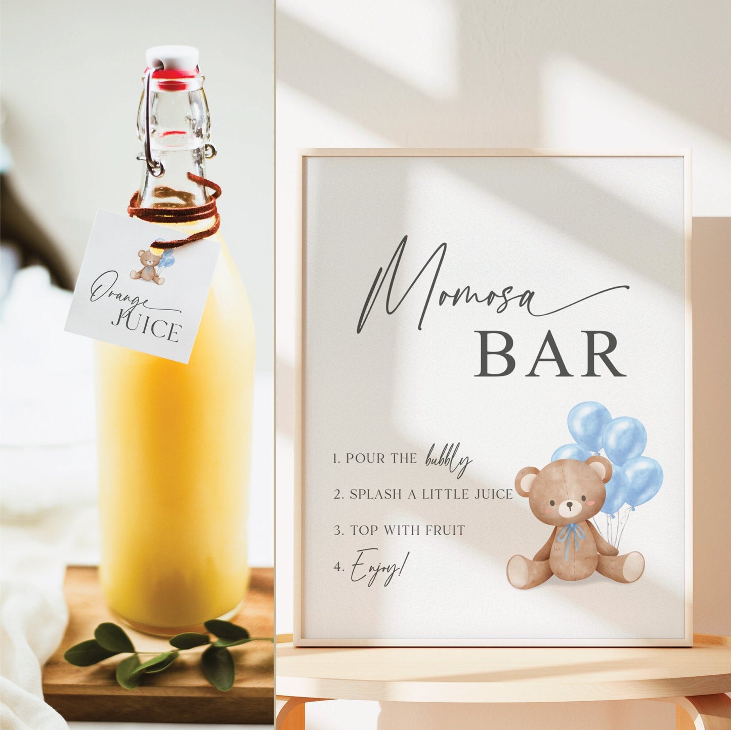 Momosa Bar Sign, Printable Baby Shower Mimosa Bar, Bear with Blue Balloons, Boy Baby Shower, Baby Sprinkle, Template Download Templett