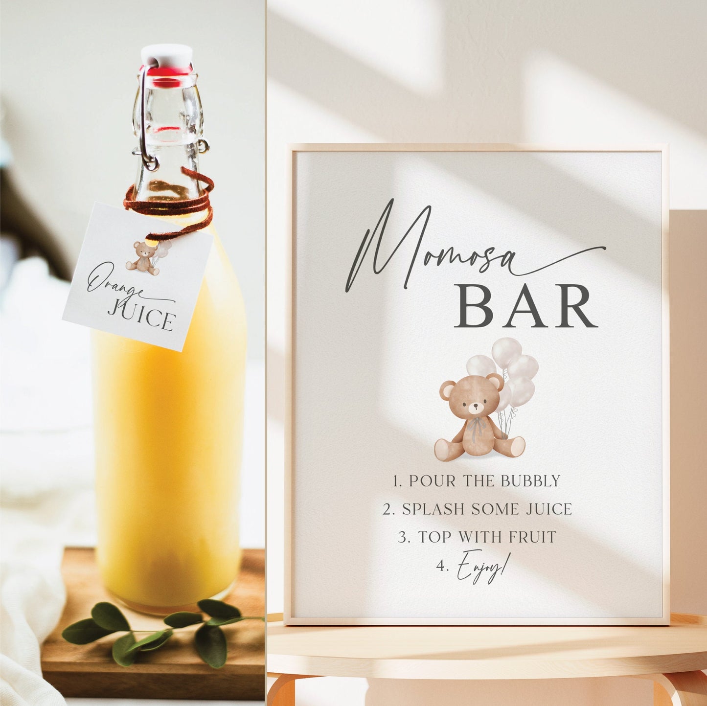 Momosa Bar Sign, Printable Baby Shower Mimosa Bar, Bear with White Balloons, Girl Boy Baby Shower, Baby Sprinkle, Template Download Templett