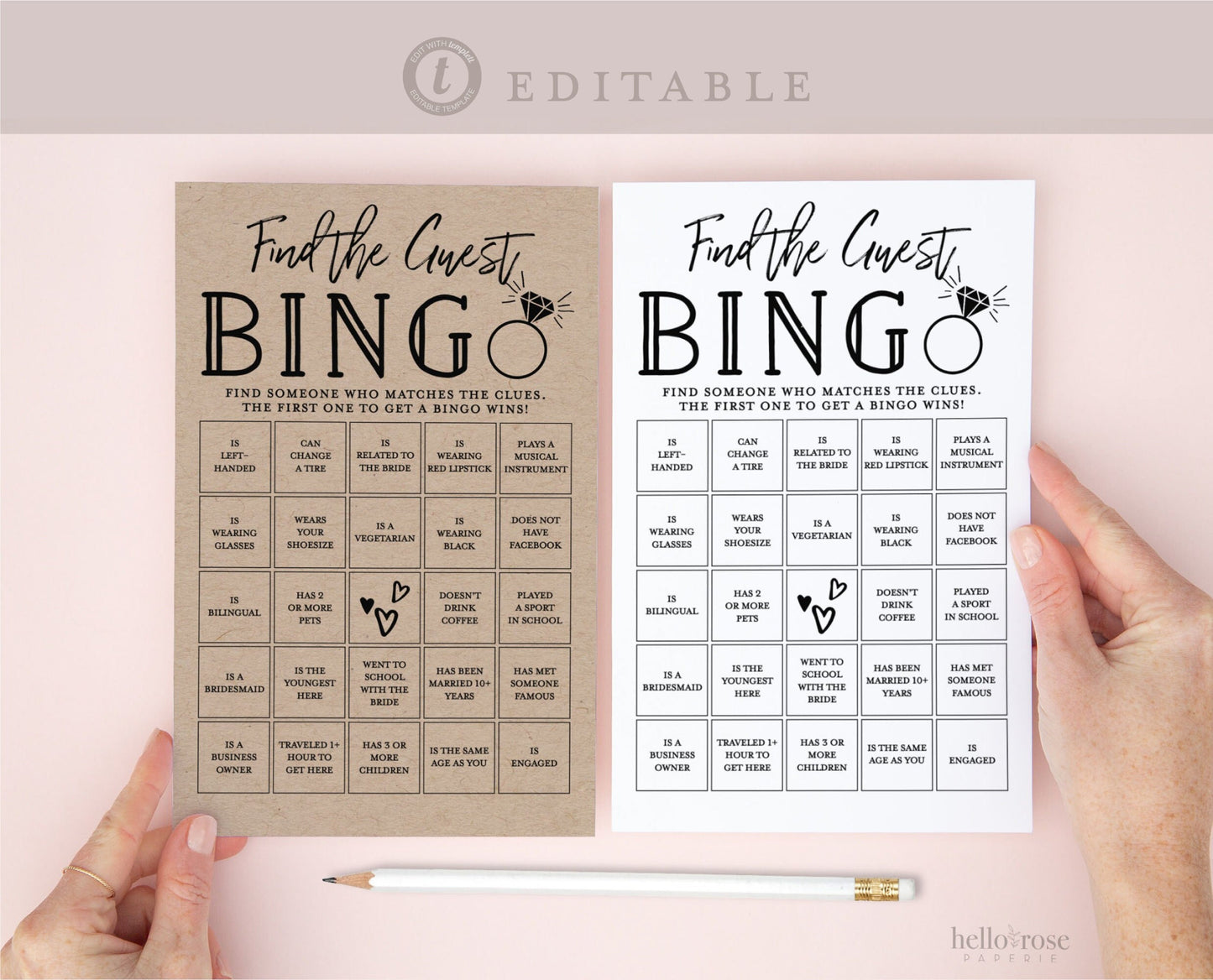 Find the Guest Bingo PRINTABLE Bridal Shower Game . Couples Shower . Kraft + Minimalist Wedding . Editable Template Download Templett
