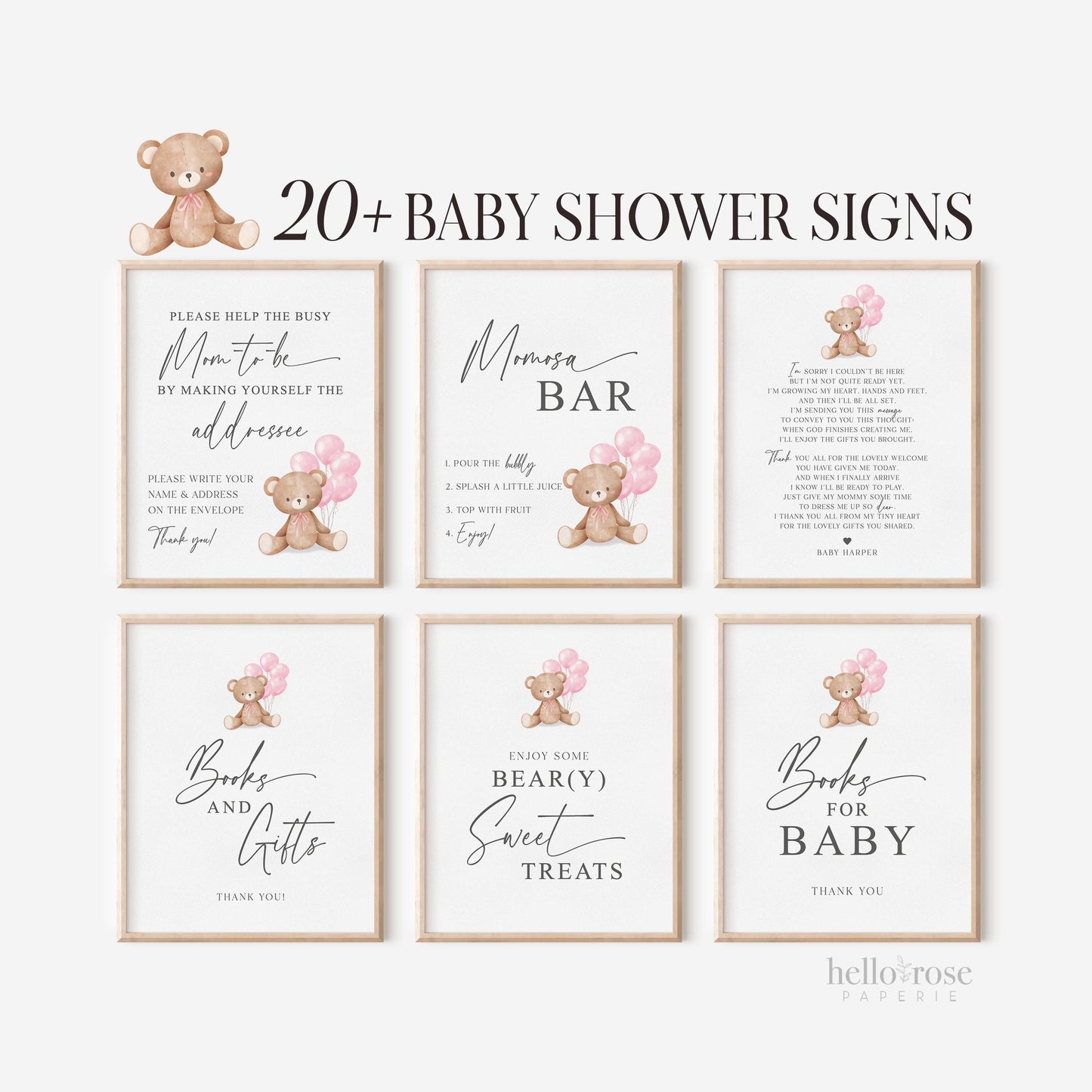 Bear with Balloons Baby Shower Bundle of 60+ Games, Signs, Tags, Labels . Girl Pink . Printable Editable Template Instant Download Templett