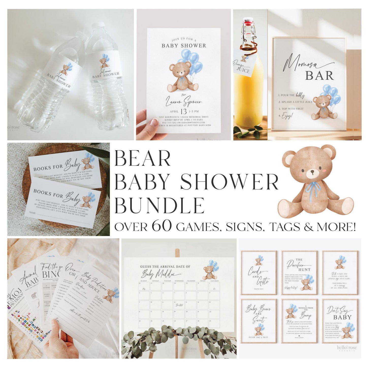 Bear with Bow Balloons Baby Shower Bundle of 60+ Games, Signs, Tags, Labels, Blue Boy, Printable Editable Template Instant Download Templett