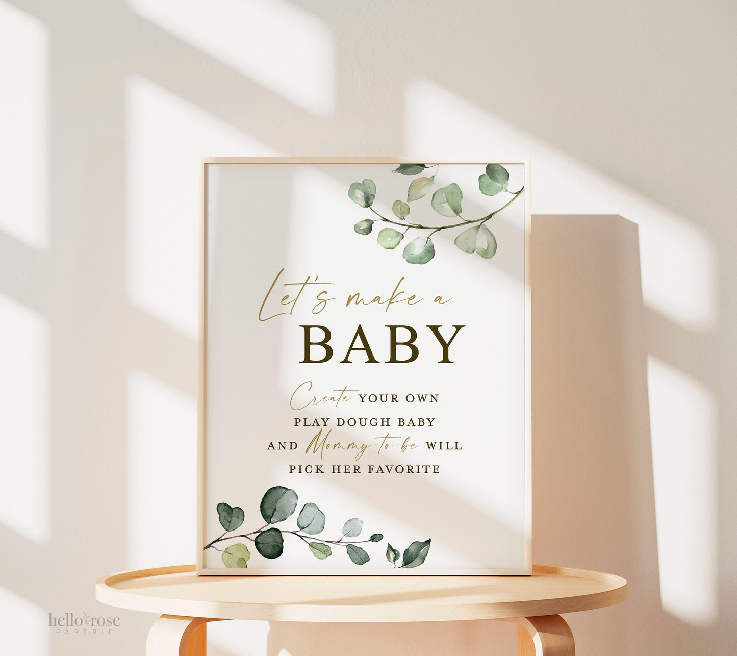 Lets Make a Baby Game Sign . Play Dough Baby . Boy Girl Neutral Shower . Greenery Gold . PRINTABLE Editable Template Download Templett G2-T
