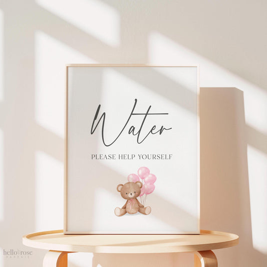 Water Bottle Labels + Sign, Bear Baby Shower, Teddy Boy with Bow and Blue Balloons, Sprinkle, We Can Bearly Wait, Template Download Templett