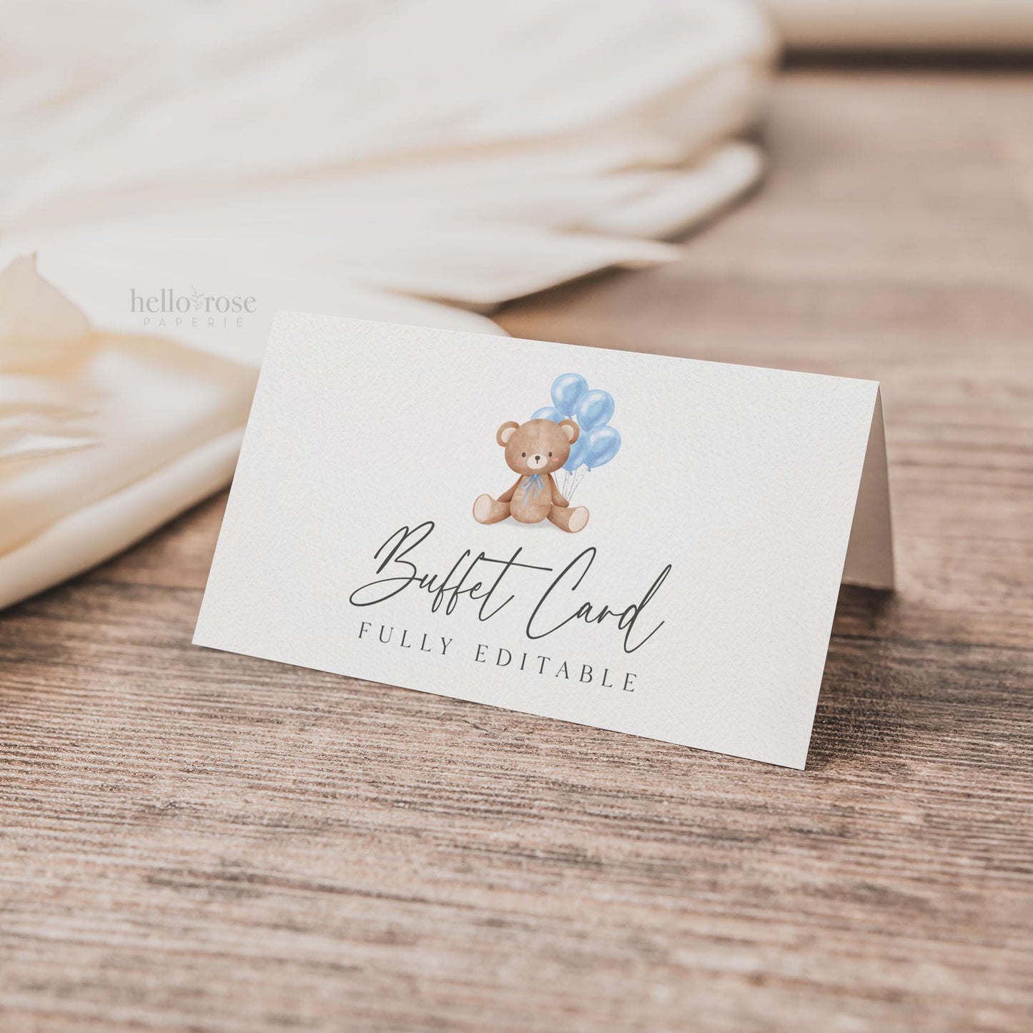 Food Buffet Tent Card + Sign, Bear Baby Shower, Teddy Boy with Bow + Blue Balloons, Sprinkle, We Can Bearly Wait, Template Download Templett