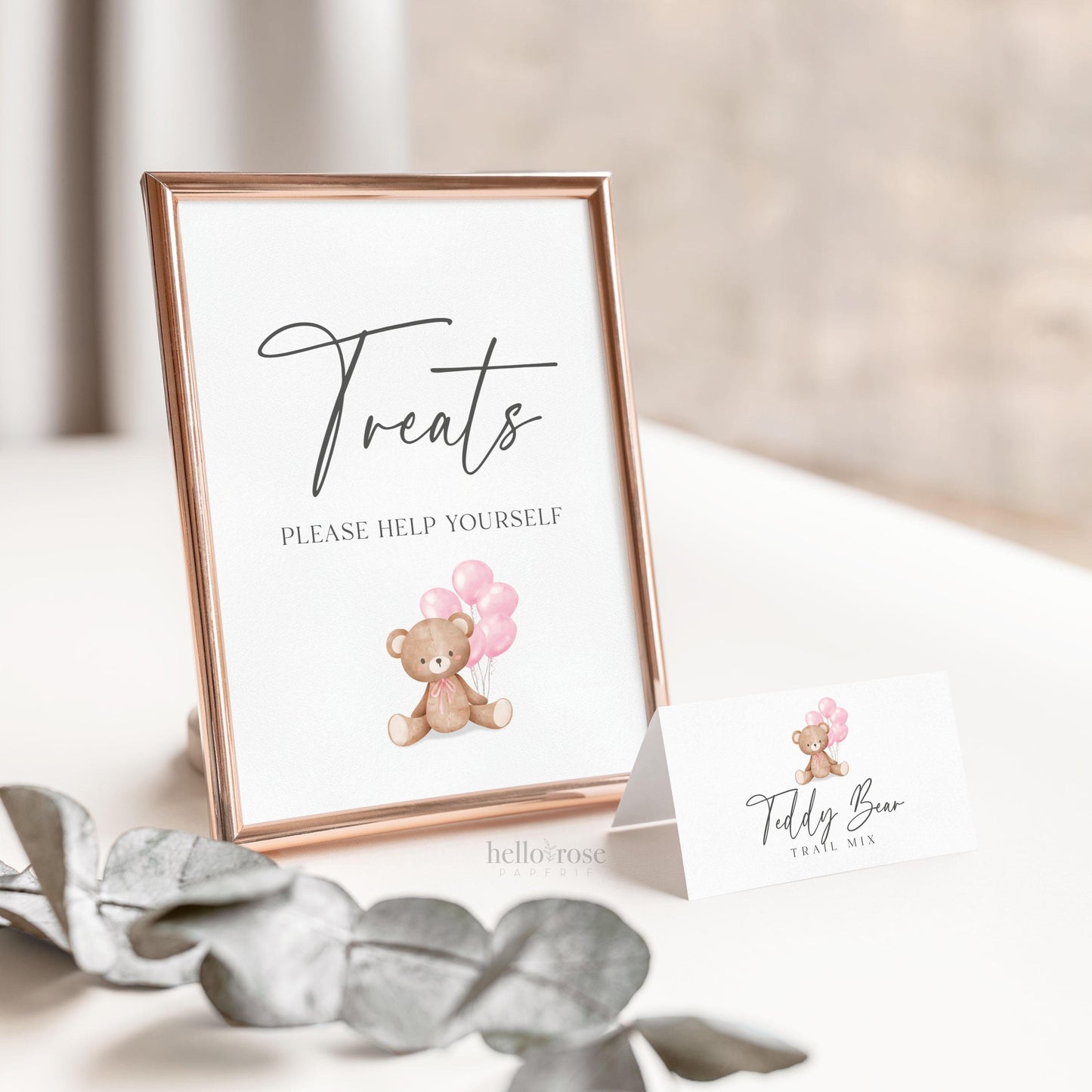 Food Buffet Tent Card + Sign, Bear Baby Shower, Teddy Girl with Bow + Pink Balloons, We Can Bearly Wait, Template Download Templett