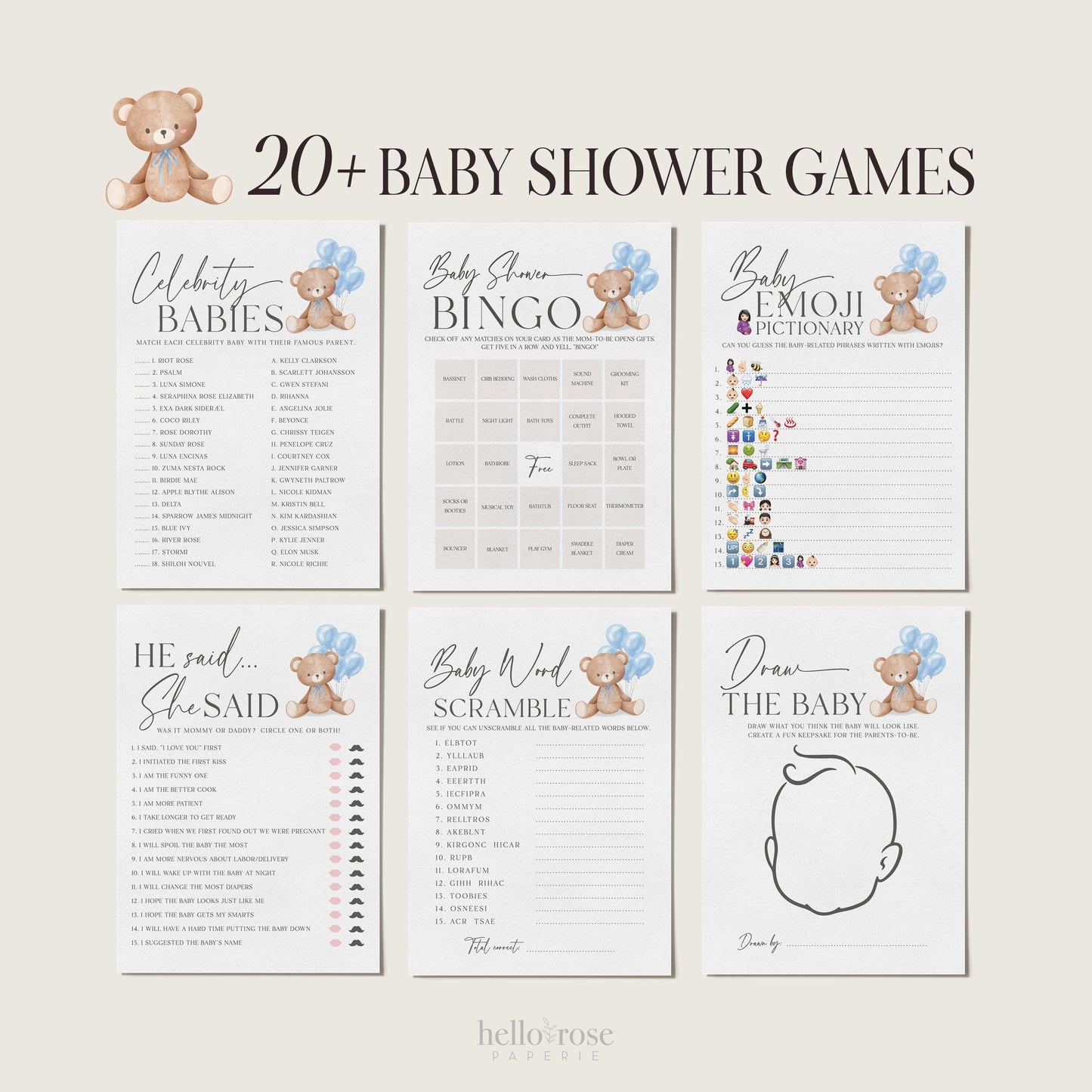 Bear Bundle of 20+ Baby Shower Games . Teddy with Blue Balloons, Boy Baby Shower, We Can Bearly Wait, Editable Template Download Templett