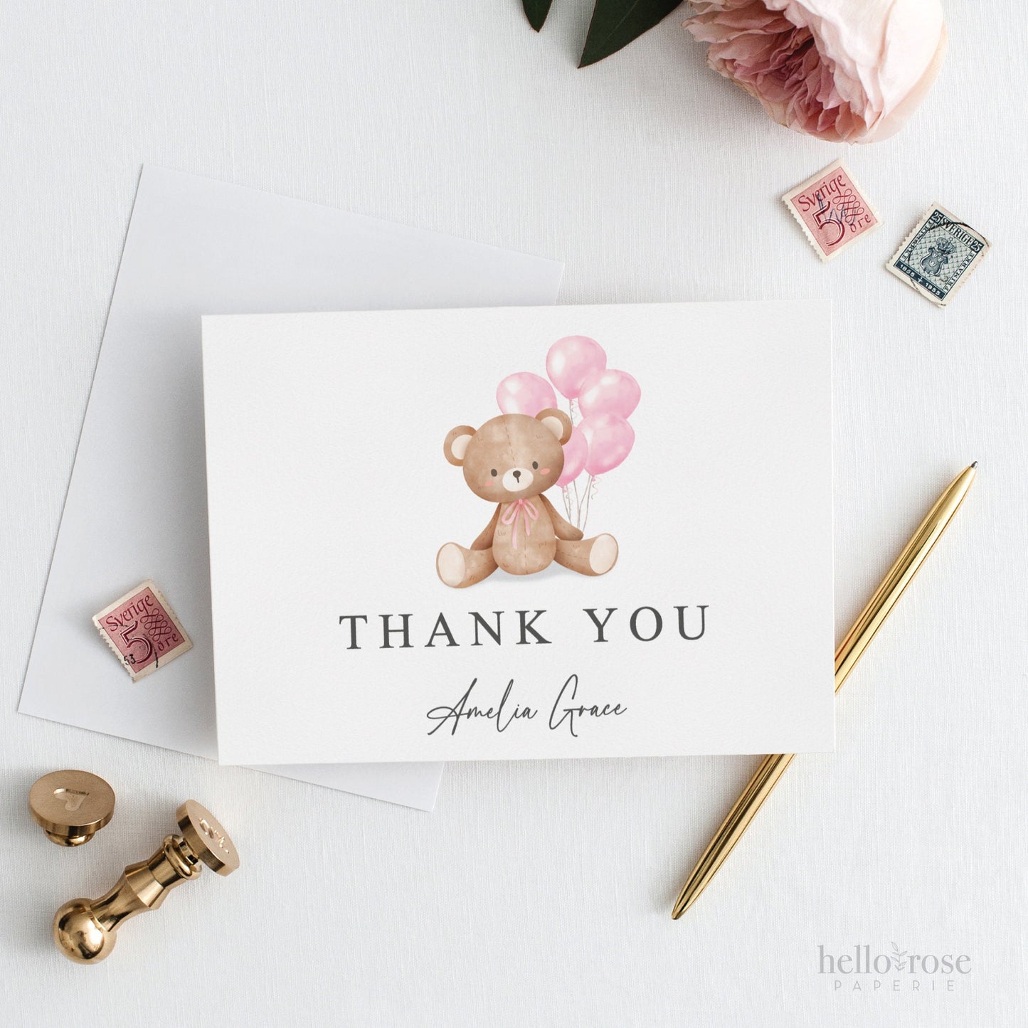 Thank You Card Teddy Bear with Pink Bow and Balloons Editable Template . Baby Shower Card . PRINTABLE Templett Instant Digital Download