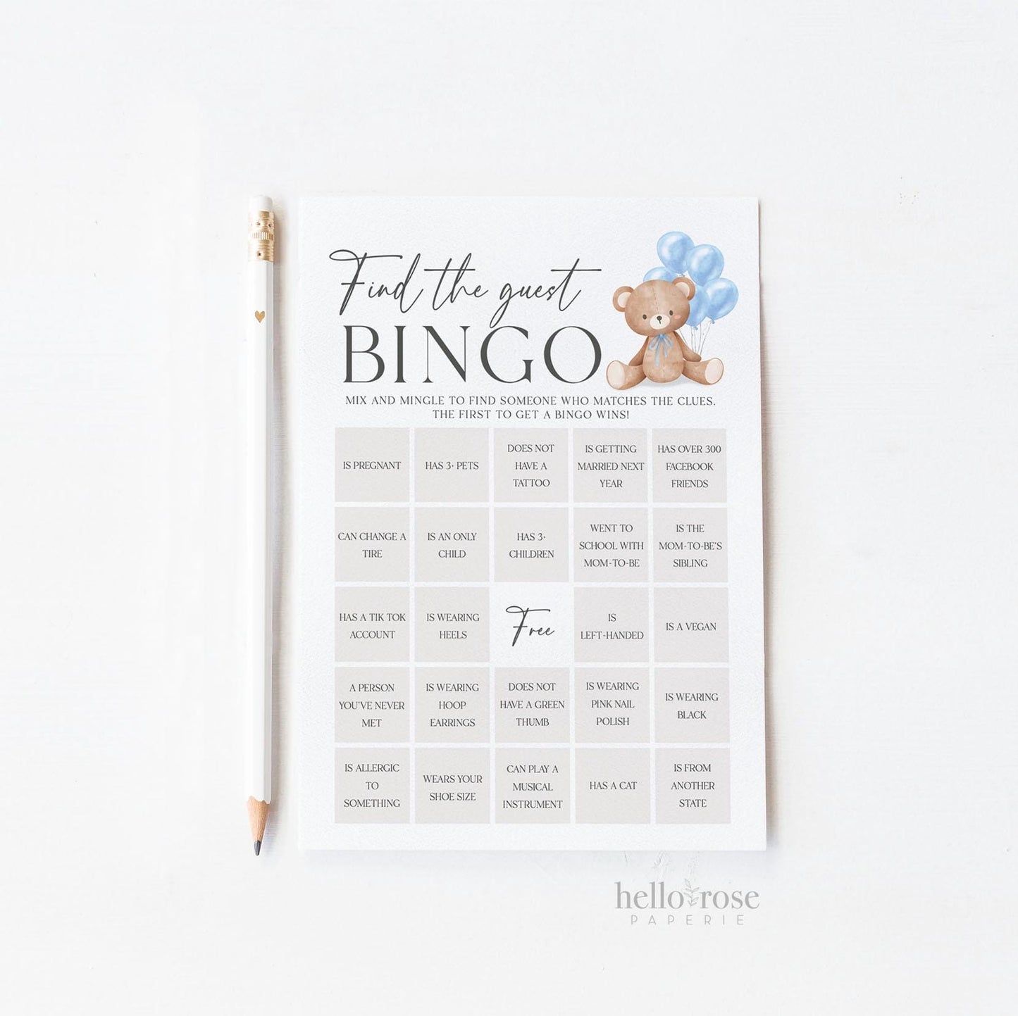 Find the Guest Bingo Baby Shower Game, Bear with Blue Bow Balloons, Boy Teddy Bear, We Can Bearly Wait, Editable Template Download TEMPLETT