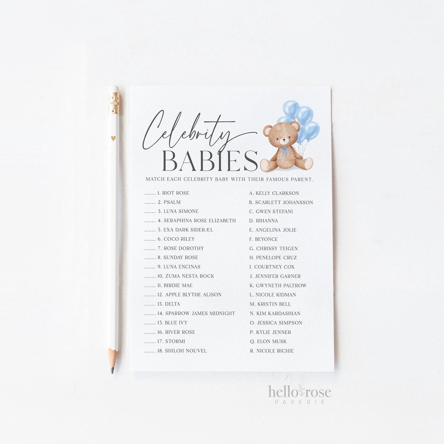 Celebrity Babies Baby Shower Game, Bear with Blue Bow Balloons, Boy Teddy Bear, We Can Bearly Wait, Editable Template Download TEMPLETT