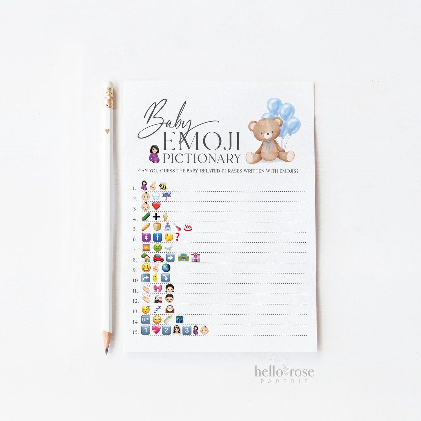 Emoji Pictionary Baby Shower Game, Bear with Blue Bow Balloons, Boy Teddy Bear, We Can Bearly Wait, Editable Template Download TEMPLETT