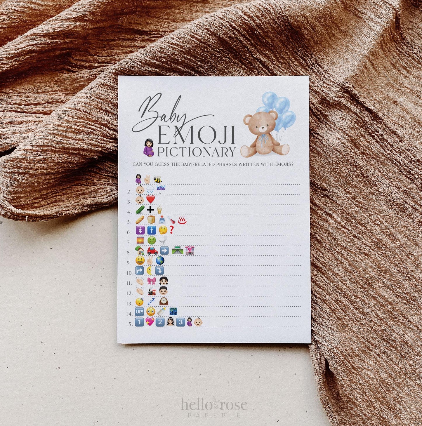 Emoji Pictionary Baby Shower Game, Bear with Blue Bow Balloons, Boy Teddy Bear, We Can Bearly Wait, Editable Template Download TEMPLETT