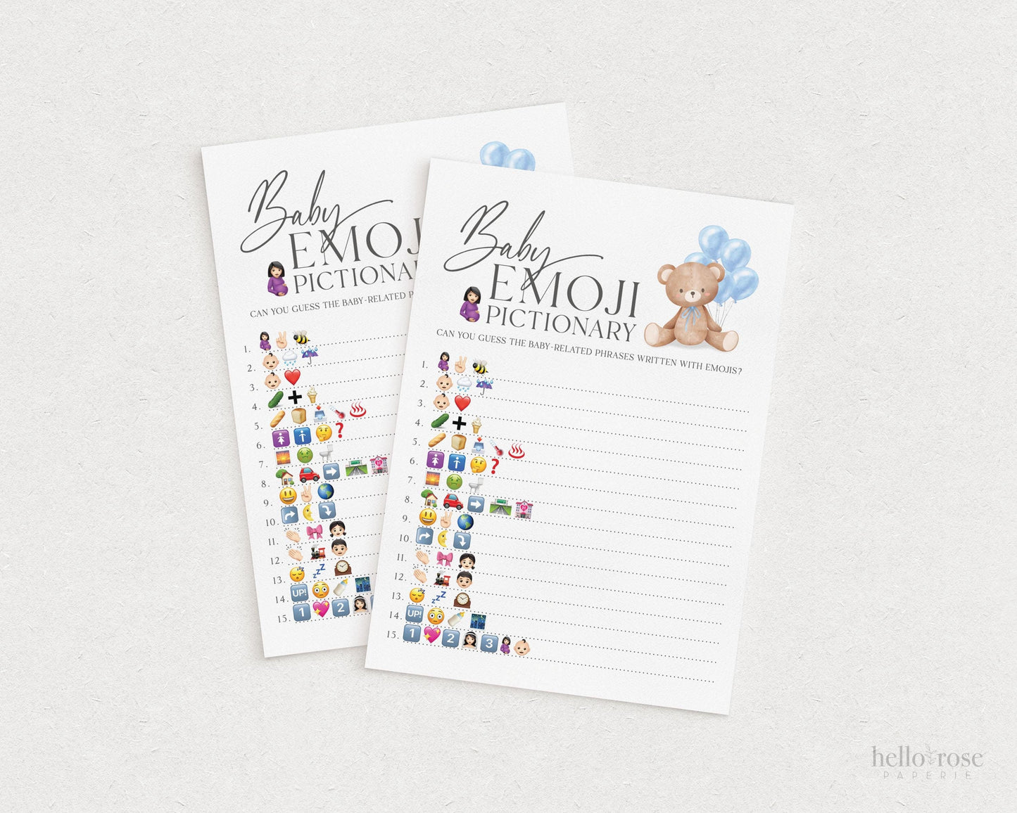 Emoji Pictionary Baby Shower Game, Bear with Blue Bow Balloons, Boy Teddy Bear, We Can Bearly Wait, Editable Template Download TEMPLETT