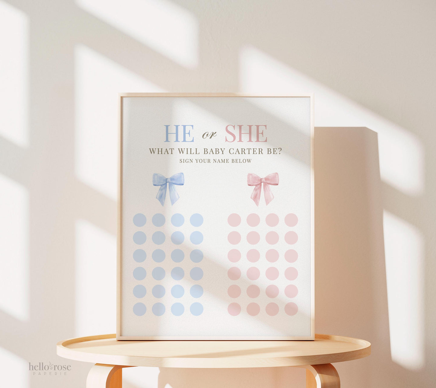He or She What Will Baby Be, Gender Guess Game Sign, Pink and Blue Bow Baby Gender Reveal, Neutral, Editable Template Download TEMPLETT