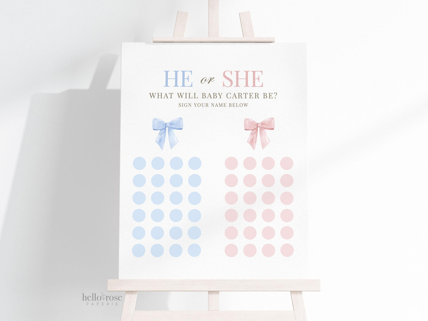 He or She What Will Baby Be, Gender Guess Game Sign, Pink and Blue Bow Baby Gender Reveal, Neutral, Editable Template Download TEMPLETT
