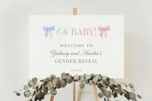 Welcome Sign Oh Baby Gender Reveal, He or She What Will Baby Be, Pink and Blue Bows Baby Gender Reveal, Template Instant Download TEMPLETT