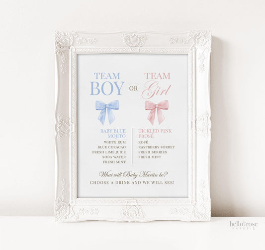 Team Boy or Girl Signature Cocktails Sign Template, Gender Reveal Drink Menu, Pink Blue Bow Baby Shower, Template Download TEMPLETT