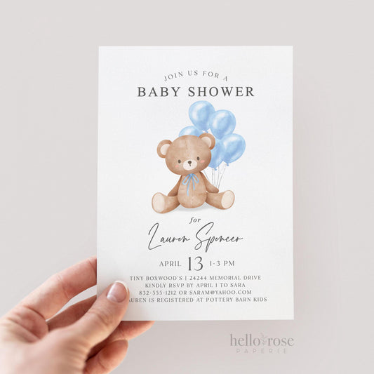 Bear Baby Shower Invitation, We Can Bearly Wait, Bear with Blue Bow and Balloons, Boy Baby Shower, Editable Template Download Templett