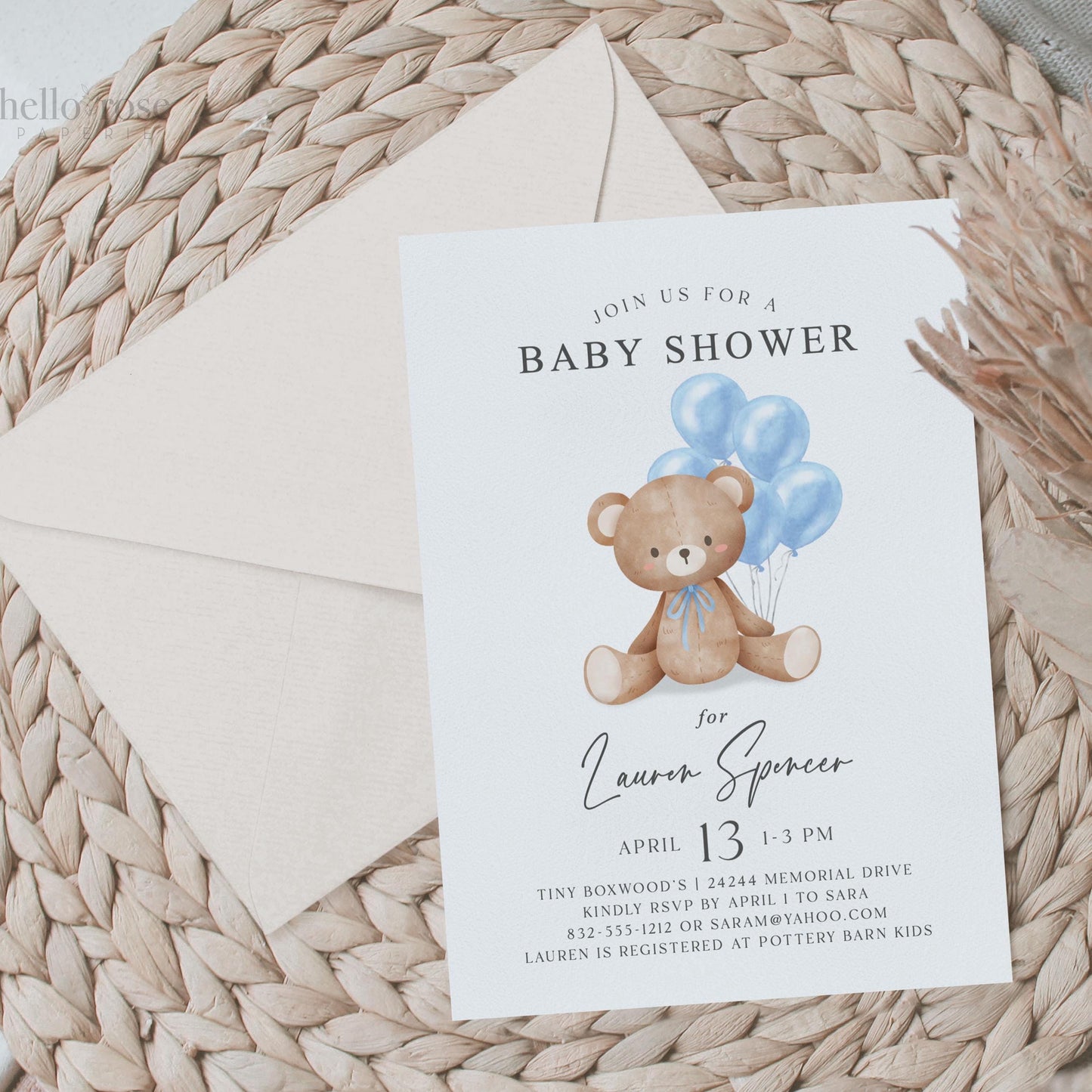 Bear Baby Shower Invitation, We Can Bearly Wait, Bear with Blue Bow and Balloons, Boy Baby Shower, Editable Template Download Templett