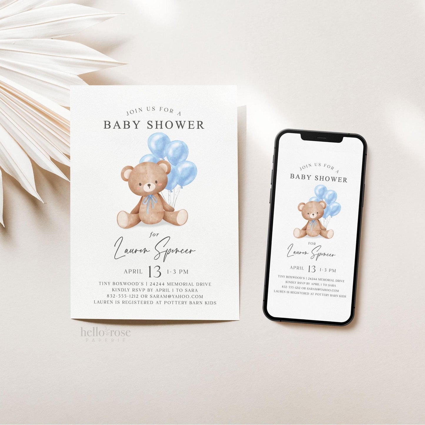 Bear Baby Shower Invitation, We Can Bearly Wait, Bear with Blue Bow and Balloons, Boy Baby Shower, Editable Template Download Templett