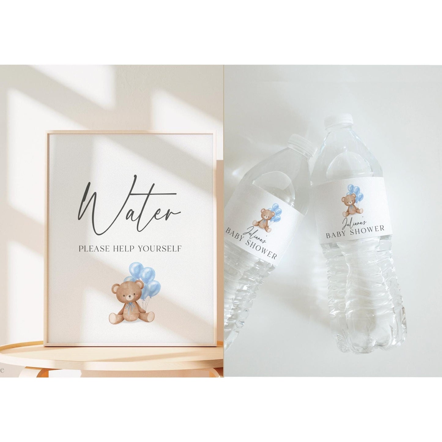 Water Bottle Labels + Sign, Bear Baby Shower, Teddy Boy with Bow and Blue Balloons, Sprinkle, We Can Bearly Wait, Template Download Templett