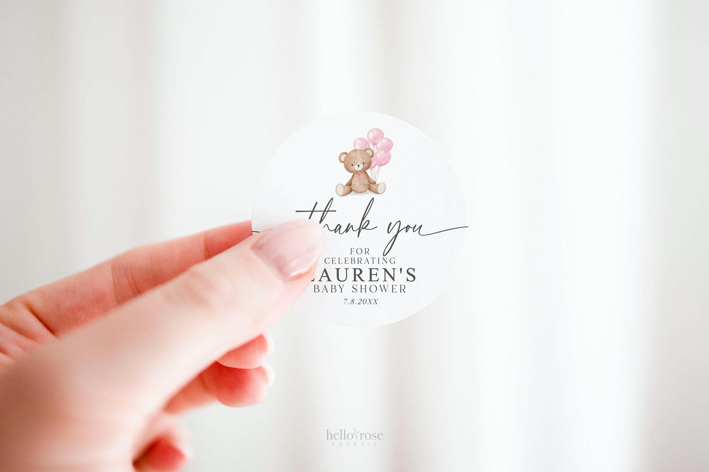 Bear Baby Shower Thank You Favor Tags Template, Baby Girl Pink Bow Balloons Tags Stickers Labels, Personalized Editable PRINTABLE Templett