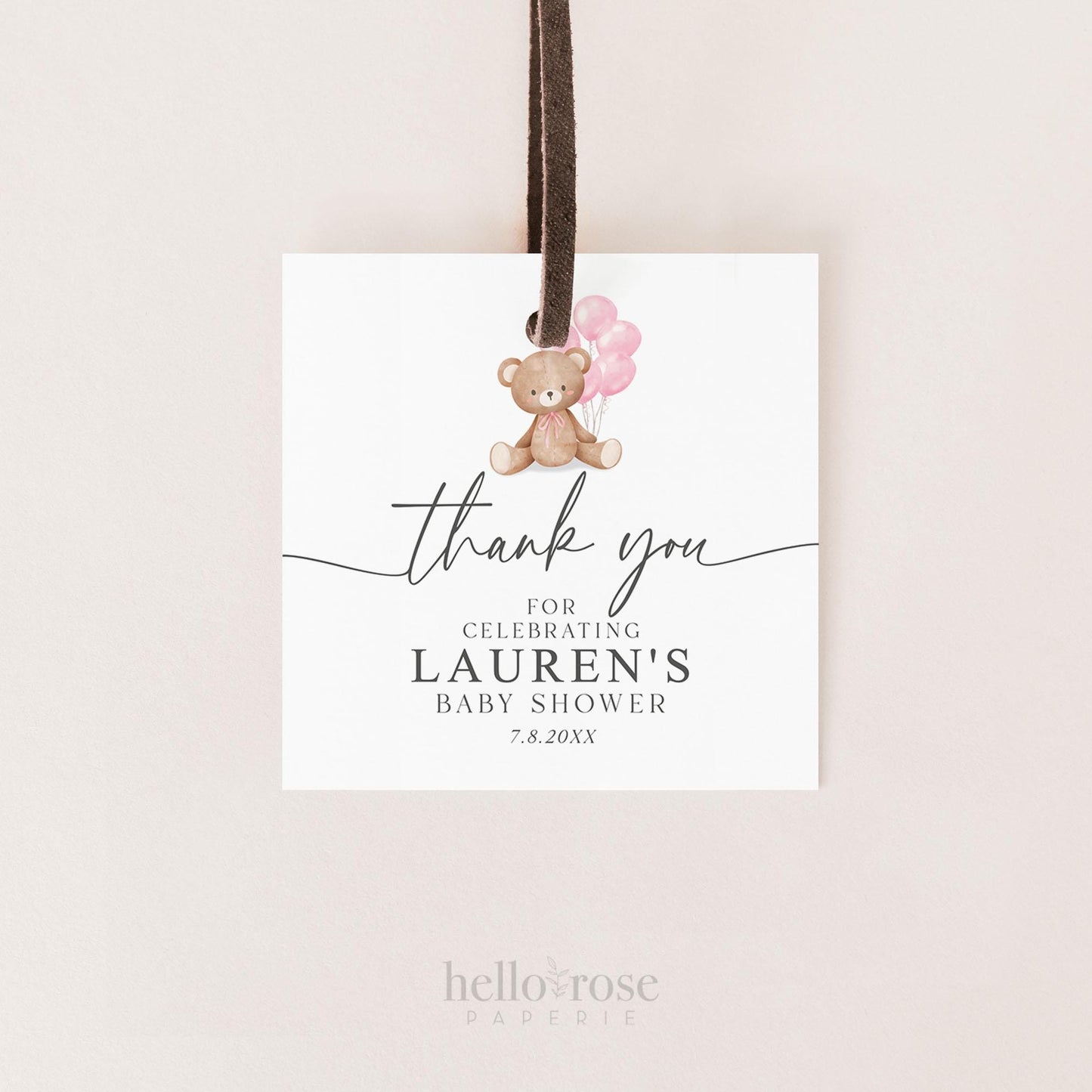 Bear Baby Shower Thank You Favor Tags Template, Baby Girl Pink Bow Balloons Tags Stickers Labels, Personalized Editable PRINTABLE Templett